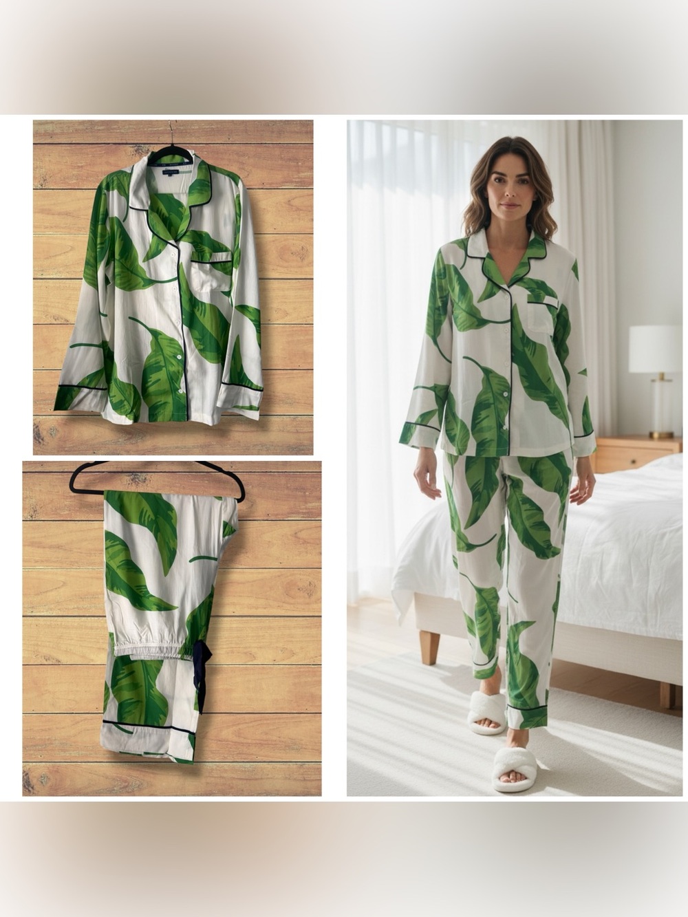 NEW Katie Kime Tropical Green Leaf Long Sleeve Pajama Pants Set, XL